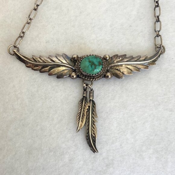 VTG Sterling Silver 925 H. Spencer Navajo Turquoise Leaf Feather Necklace 20.5" - Picture 11 of 16